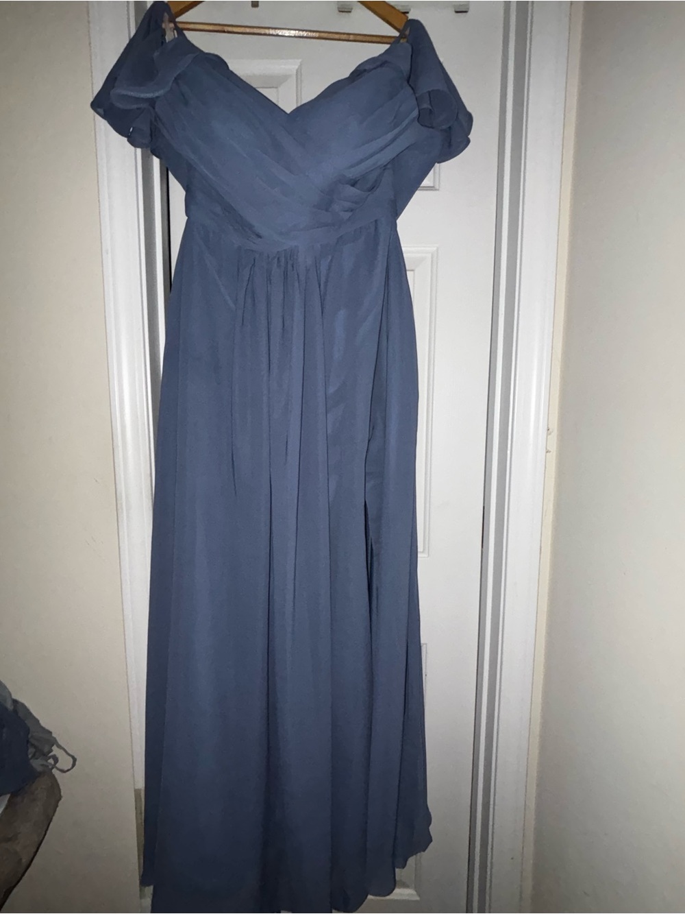 Elegant Off-Shoulder Slate Blue Chiffon Dress